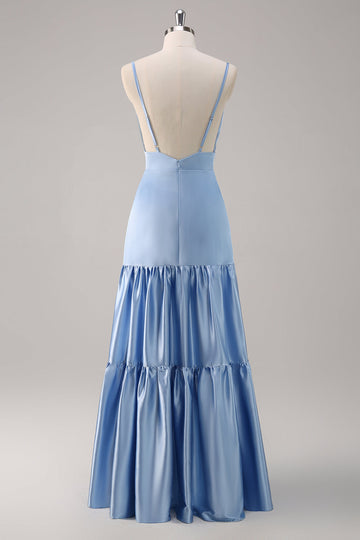 Vestido de dama de honor largo de satén con tirantes de espagueti azul cielo